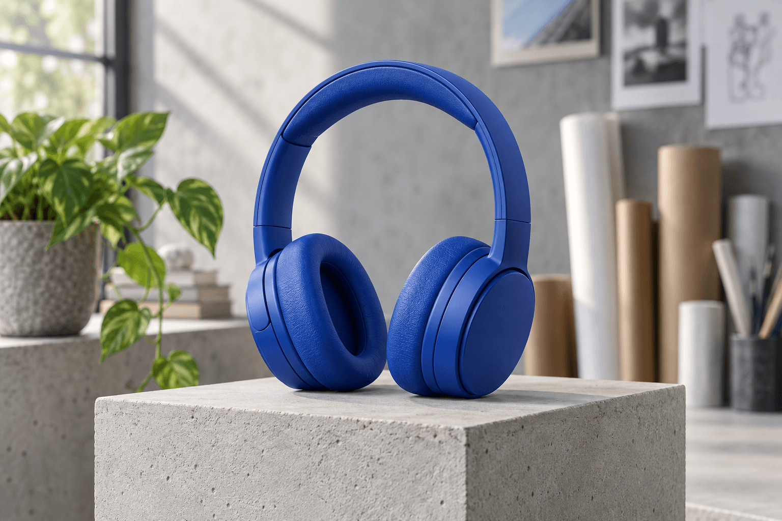 Auriculares azules fotografiados en un estudio creativo